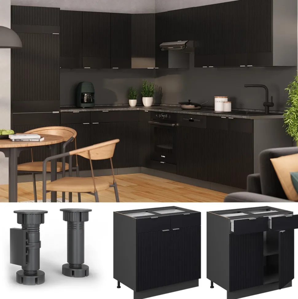 Vicco Küchenunterschrank Fame-Line, Schubladenschrank für die Küche, Schwarz gestreift, 80 cm, AP Eiche