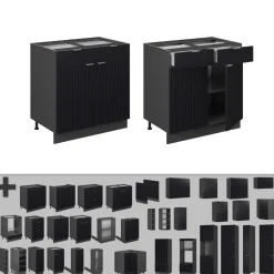 Vicco Küchenunterschrank Fame-Line, Schubladenschrank für die Küche, Schwarz gestreift, 80 cm, AP Eiche