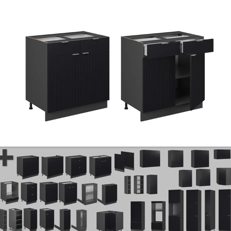 Vicco Küchenunterschrank Fame-Line, Schubladenschrank für die Küche, Schwarz gestreift, 80 cm, AP Eiche