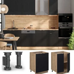 Vicco Küchenunterschrank Fame-Line, Küchenkommode, Schwarz gestreift, 60 cm, AP Eiche