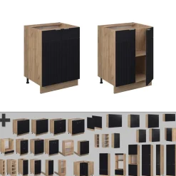 Vicco Küchenunterschrank Fame-Line, Küchenkommode, Schwarz gestreift, 60 cm, AP Eiche