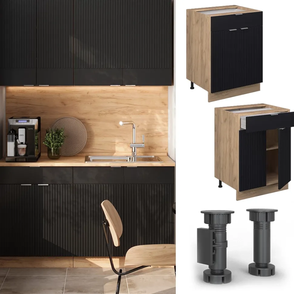 Vicco Küchenunterschrank "Fame-Line", Schwarz gestreift, 60 cm mit Schublade, ohne Arbeitsplatte