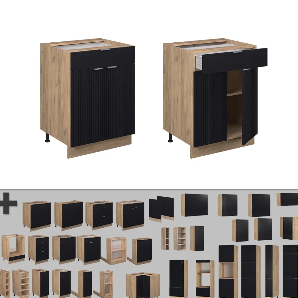 Vicco Küchenunterschrank "Fame-Line", Schwarz gestreift, 60 cm mit Schublade, ohne Arbeitsplatte