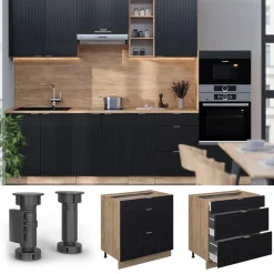 Vicco Küchenunterschrank "Fame-Line", Schwarz gestreift, 80 cm mit 3 Schubladen, AP Marmor