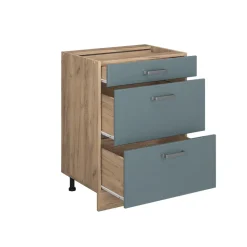 Vicco Küchenunterschrank "R-Line", Blau-Grau/Goldkraft Eiche, 60 cm mit Schubladen, ohne Arbeitsplatte