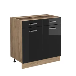 Vicco Küchenunterschrank "R-Line", Schwarz Hochglanz/Goldkraft Eiche, 80 cm ohne Arbeitsplatte