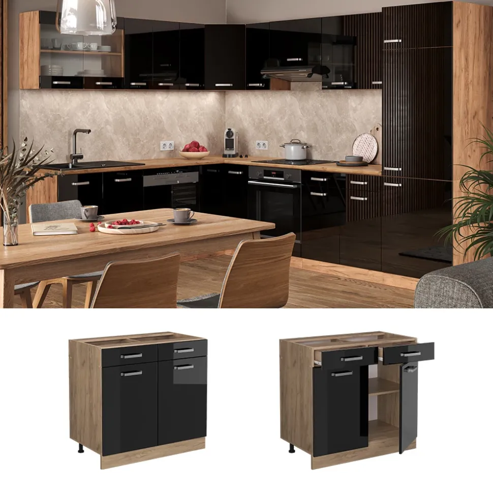 Vicco Küchenunterschrank "R-Line", Schwarz Hochglanz/Goldkraft Eiche, 80 cm ohne Arbeitsplatte