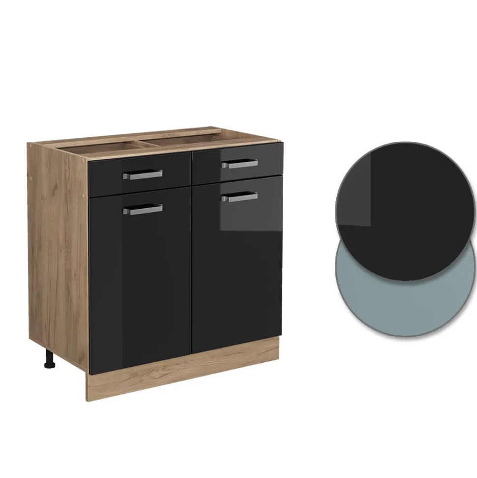 Vicco Küchenunterschrank "R-Line", Schwarz Hochglanz/Goldkraft Eiche, 80 cm ohne Arbeitsplatte