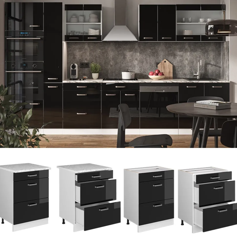 Vicco Küchenunterschrank "R-Line", Schwarz Hochglanz/Weiß, 60 cm mit Schubladen, AP Marmor