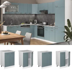 Vicco Küchenunterschrank R-Line, Küchenkommode, Blau-Grau/Weiß, 60 cm, AP Marmor