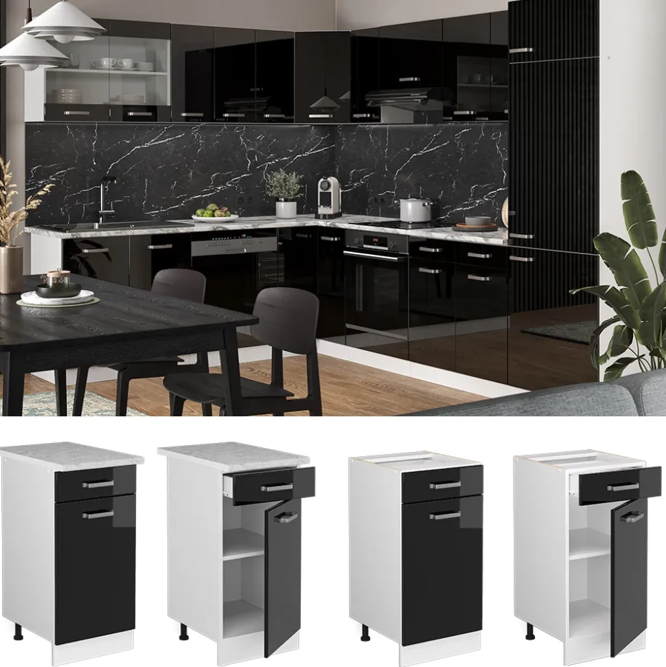 Vicco Küchenunterschrank "R-Line", Schwarz Hochglanz, 40 cm ohne Arbeitsplatte