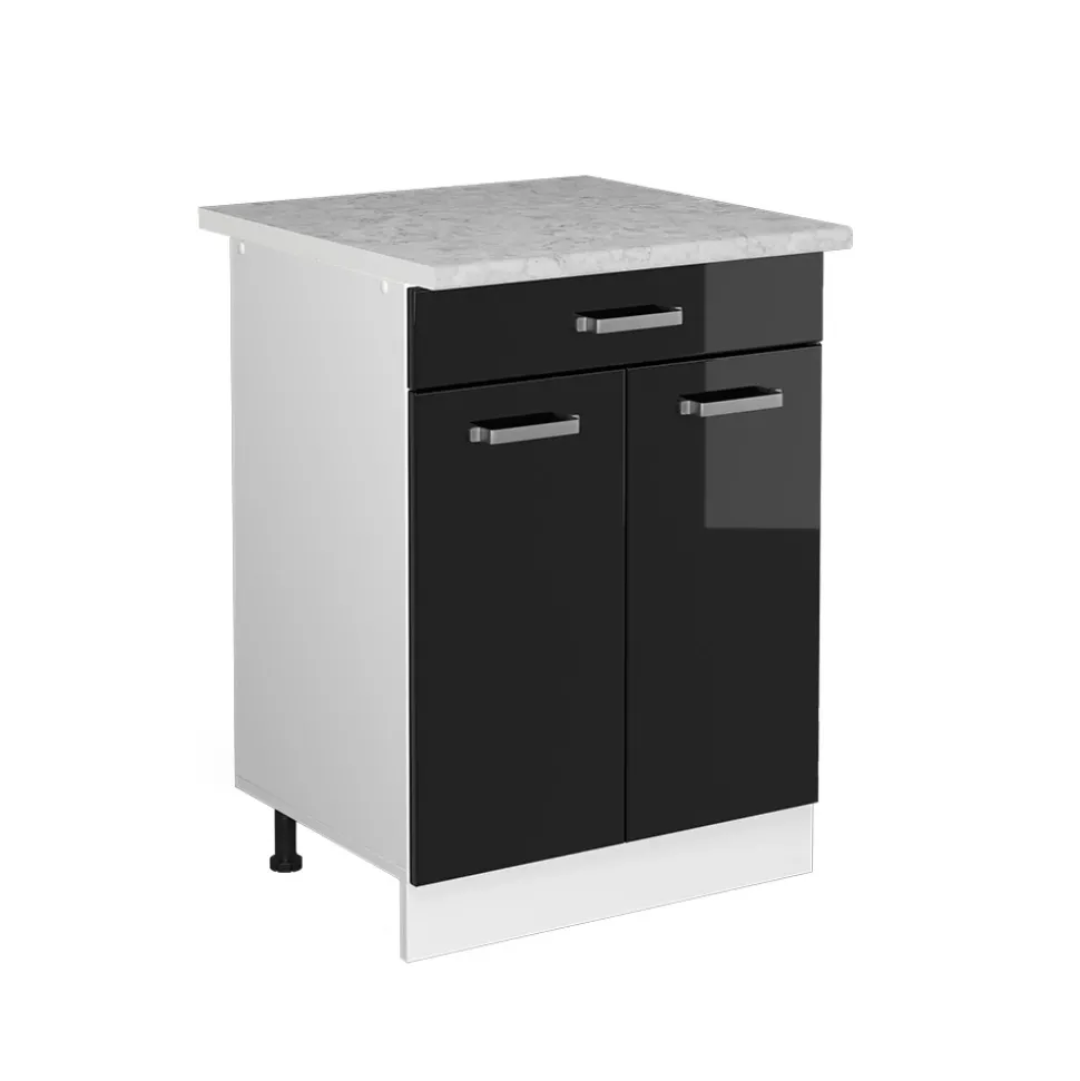 Vicco Küchenunterschrank "R-Line", Schwarz Hochglanz/Weiß, 60 cm mit Schublade, AP Marmor