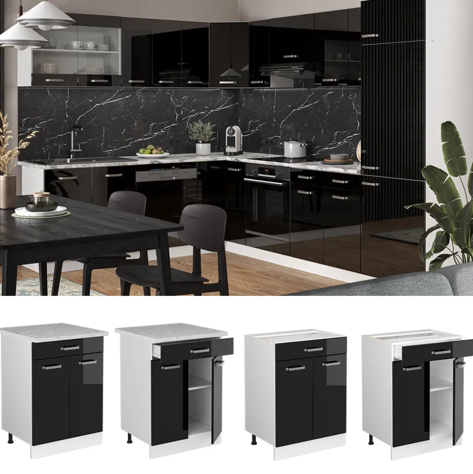 Vicco Küchenunterschrank "R-Line", Schwarz Hochglanz/Weiß, 60 cm mit Schublade, AP Marmor