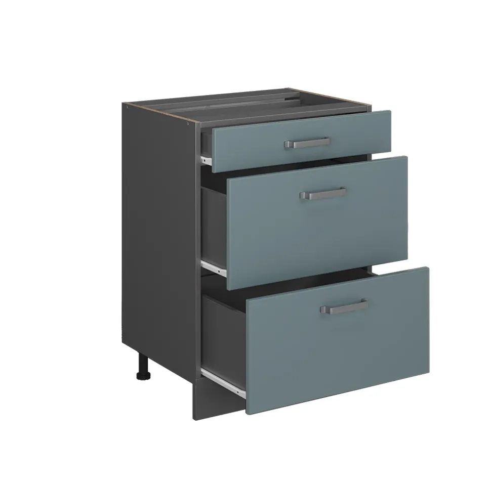 Vicco Küchenunterschrank "R-Line", Blau-Grau/Anthrazit, 60 cm mit Schubladen, ohne Arbeitsplatte