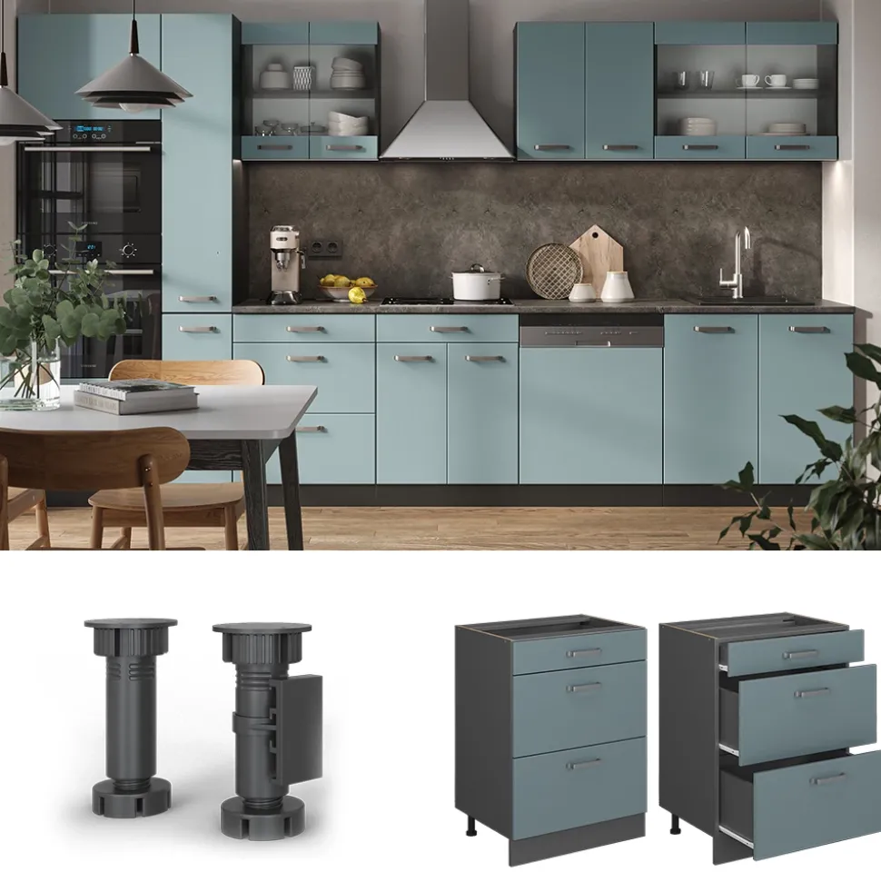 Vicco Küchenunterschrank "R-Line", Blau-Grau/Anthrazit, 60 cm mit Schubladen, ohne Arbeitsplatte