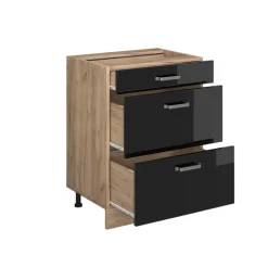 Vicco Küchenunterschrank "R-Line", Schwarz Hochglanz/Goldkraft Eiche, 60 cm mit Schubladen, ohne Arbeitsplatte