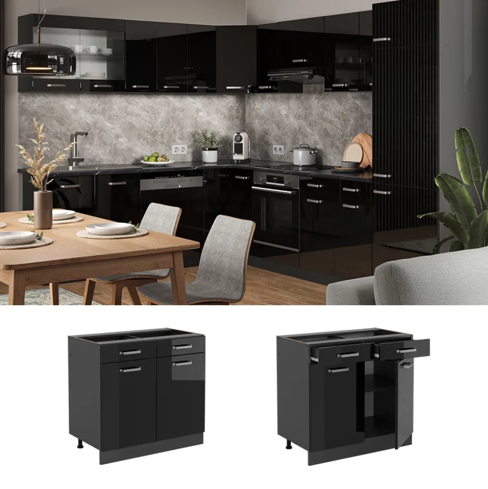 Vicco Küchenunterschrank "R-Line", Schwarz Hochglanz/Anthrazit, 80 cm ohne Arbeitsplatte