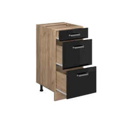 Vicco Küchenunterschrank "R-Line", Schwarz Hochglanz/Goldkraft Eiche, 40 cm mit Schubladen, ohne Arbeitsplatte