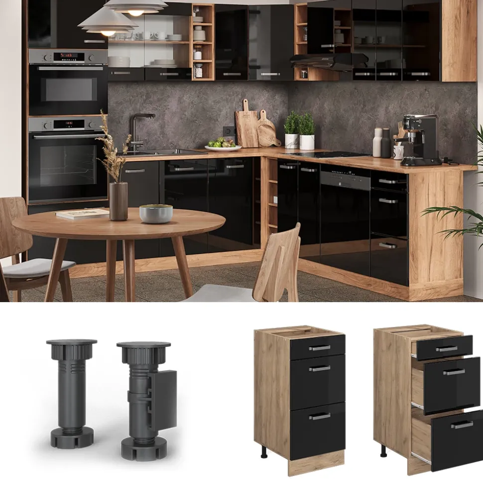 Vicco Küchenunterschrank "R-Line", Schwarz Hochglanz/Goldkraft Eiche, 40 cm mit Schubladen, ohne Arbeitsplatte