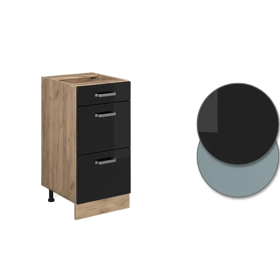 Vicco Küchenunterschrank "R-Line", Schwarz Hochglanz/Goldkraft Eiche, 40 cm mit Schubladen, ohne Arbeitsplatte