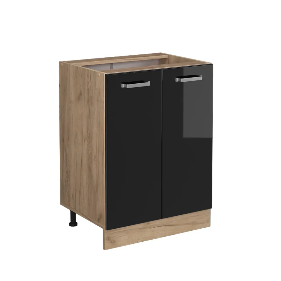 Vicco Küchenunterschrank "R-Line", Schwarz Hochglanz/Goldkraft Eiche, 60 cm ohne Arbeitsplatte