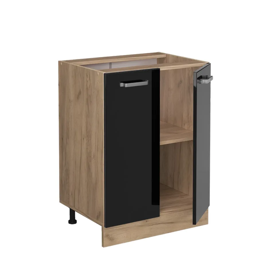 Vicco Küchenunterschrank "R-Line", Schwarz Hochglanz/Goldkraft Eiche, 60 cm ohne Arbeitsplatte