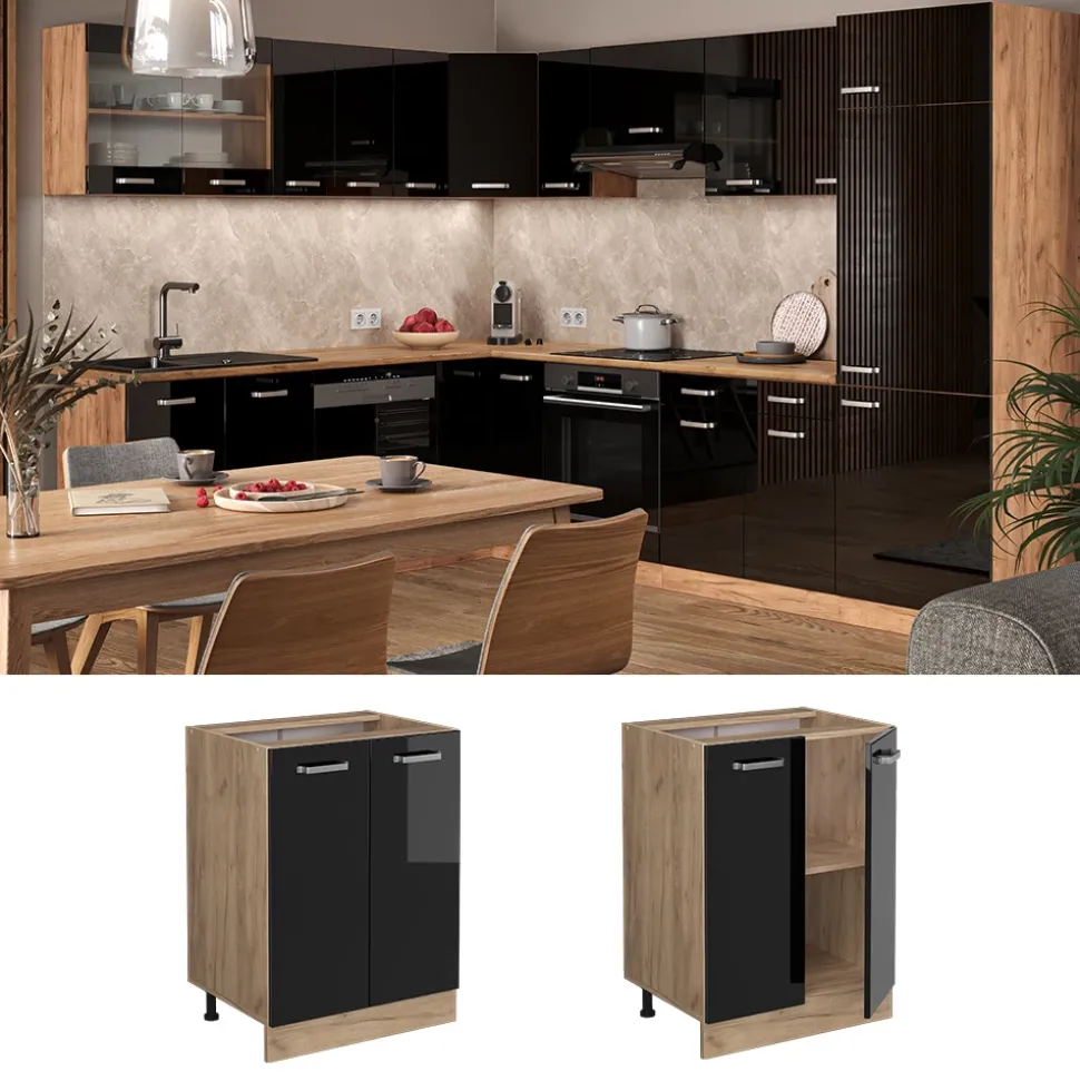 Vicco Küchenunterschrank "R-Line", Schwarz Hochglanz/Goldkraft Eiche, 60 cm ohne Arbeitsplatte