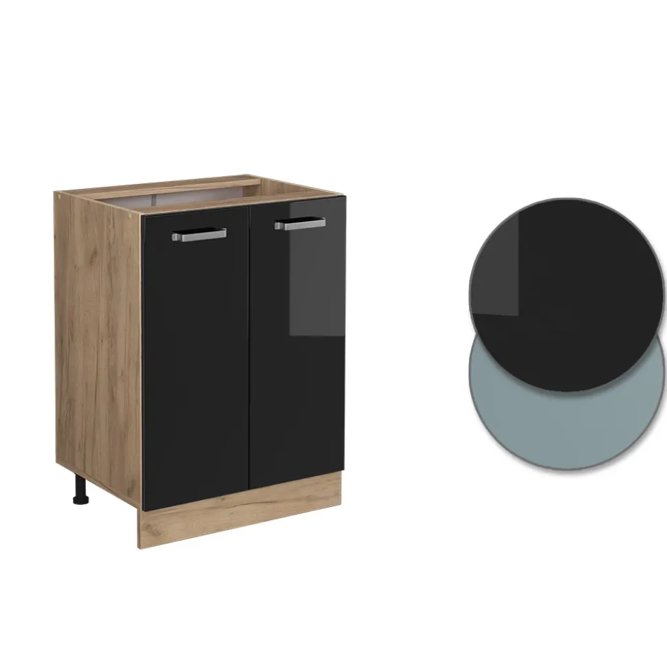 Vicco Küchenunterschrank "R-Line", Schwarz Hochglanz/Goldkraft Eiche, 60 cm ohne Arbeitsplatte