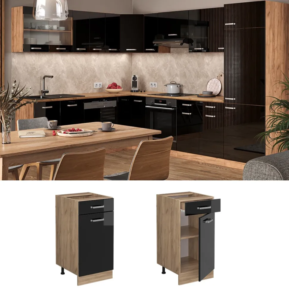 Vicco Küchenunterschrank "R-Line", Schwarz Hochglanz/Goldkraft Eiche, 40 cm ohne Arbeitsplatte