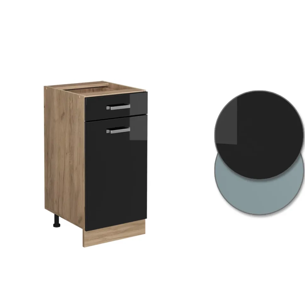 Vicco Küchenunterschrank "R-Line", Schwarz Hochglanz/Goldkraft Eiche, 40 cm ohne Arbeitsplatte