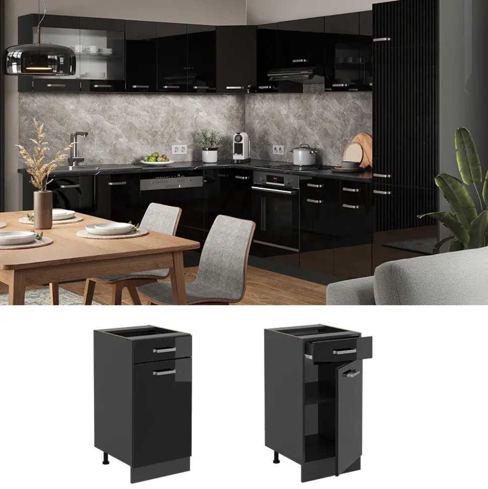 Vicco Küchenunterschrank "R-Line", Schwarz Hochglanz/Anthrazit, 40 cm ohne Arbeitsplatte