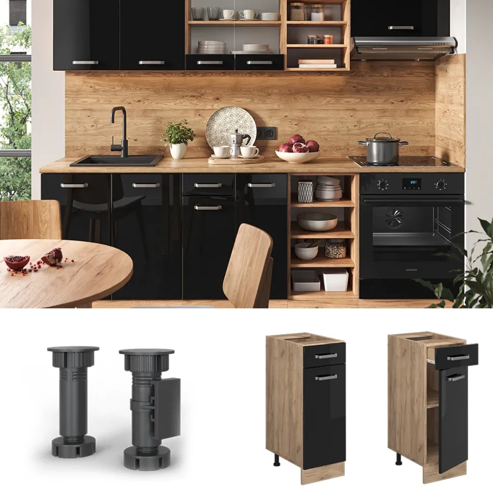 Vicco Küchenunterschrank "R-Line", Schwarz Hochglanz/Goldkraft Eiche, 30 cm ohne Arbeitsplatte