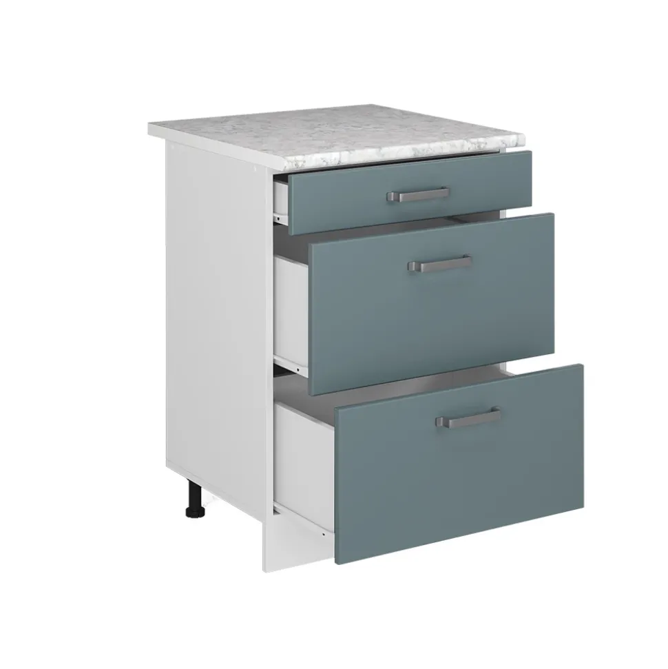 Vicco Küchenunterschrank "R-Line", Blau-Grau/Weiß, 60 cm mit Schubladen, AP Marmor