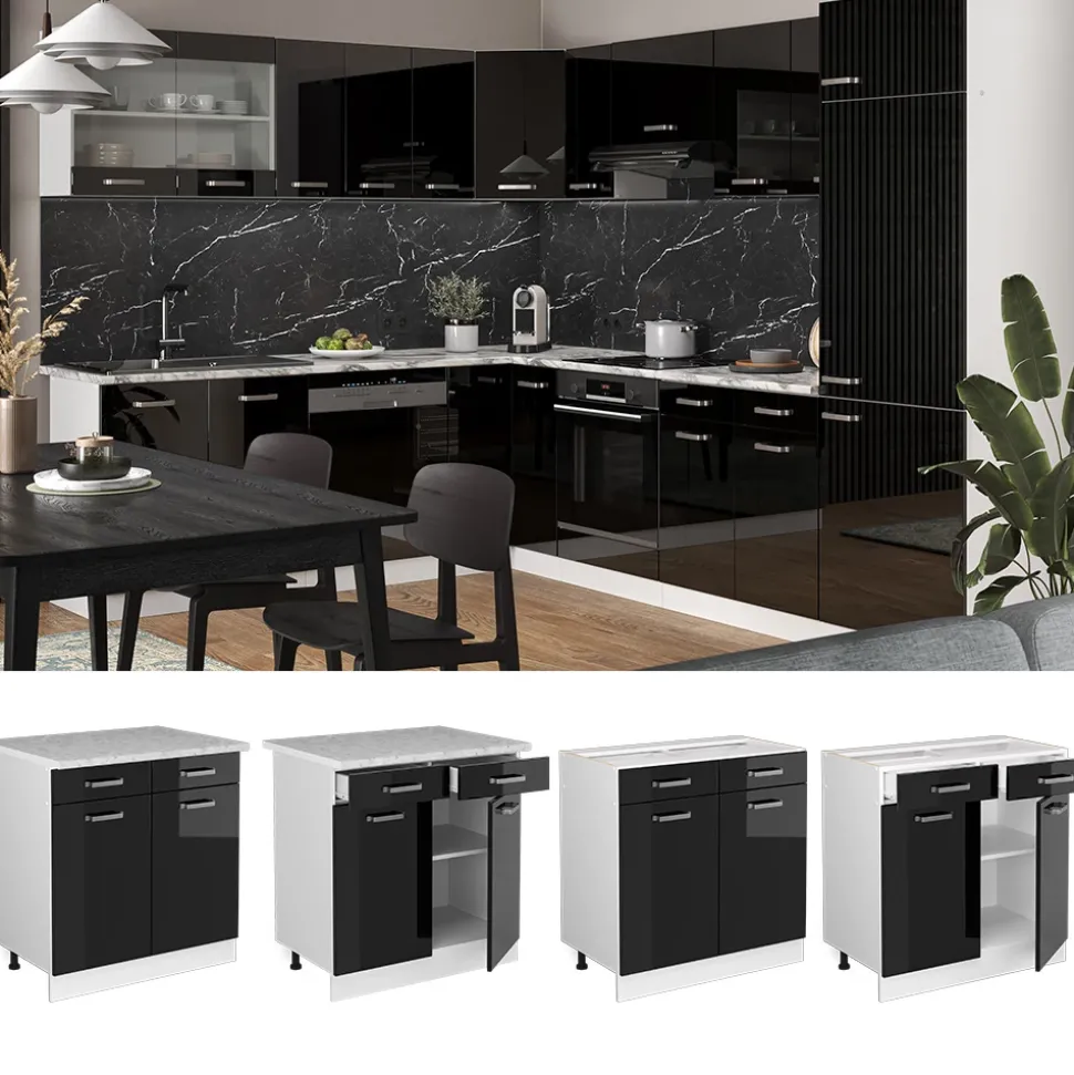 Vicco Küchenunterschrank "R-Line", Schwarz Hochglanz, 80 cm ohne Arbeitsplatte