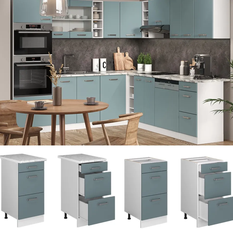 Vicco Küchenunterschrank "R-Line", Blau-Grau/Weiß, 40 cm mit Schubladen, AP Marmor