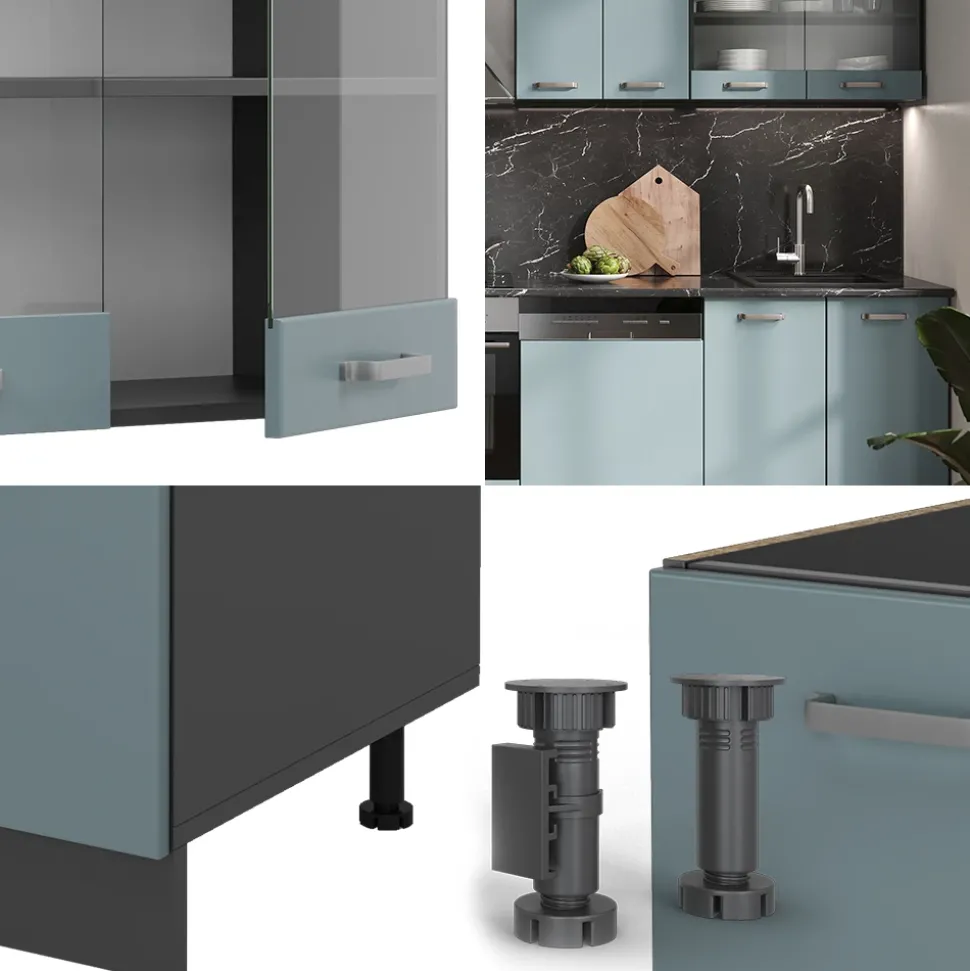 Vicco Küchenzeile "R-Line", Blau-Grau/Anthrazit, 300 cm ohne Arbeitsplatte