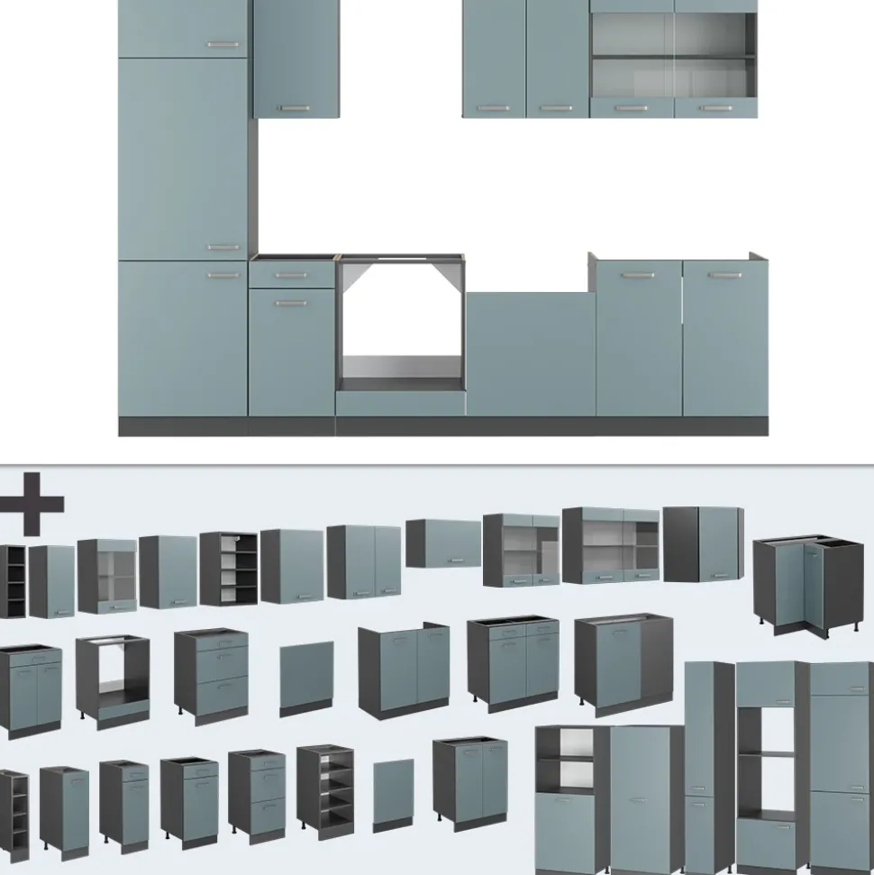Vicco Küchenzeile "R-Line", Blau-Grau/Anthrazit, 300 cm ohne Arbeitsplatte