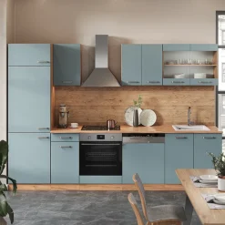 Vicco Küchenzeile "R-Line", Blau-Grau/Goldkraft Eiche, 300 cm ohne Arbeitsplatte