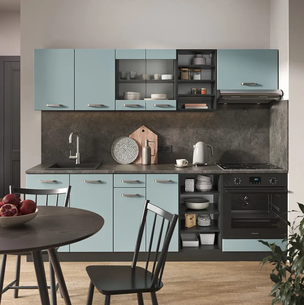 Vicco Küchenzeile "R-Line", Blau-Grau/Anthrazit, 240 cm ohne Arbeitsplatte