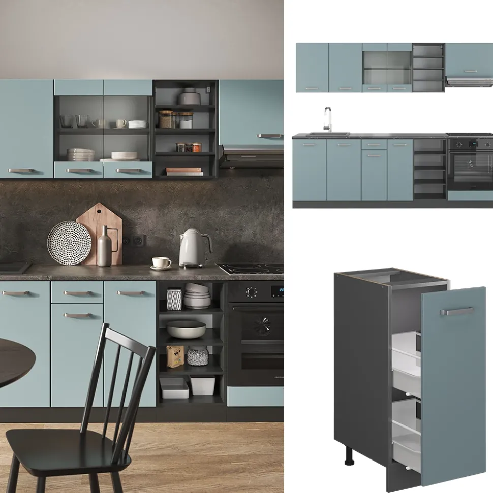 Vicco Küchenzeile "R-Line", Blau-Grau/Anthrazit, 240 cm ohne Arbeitsplatte