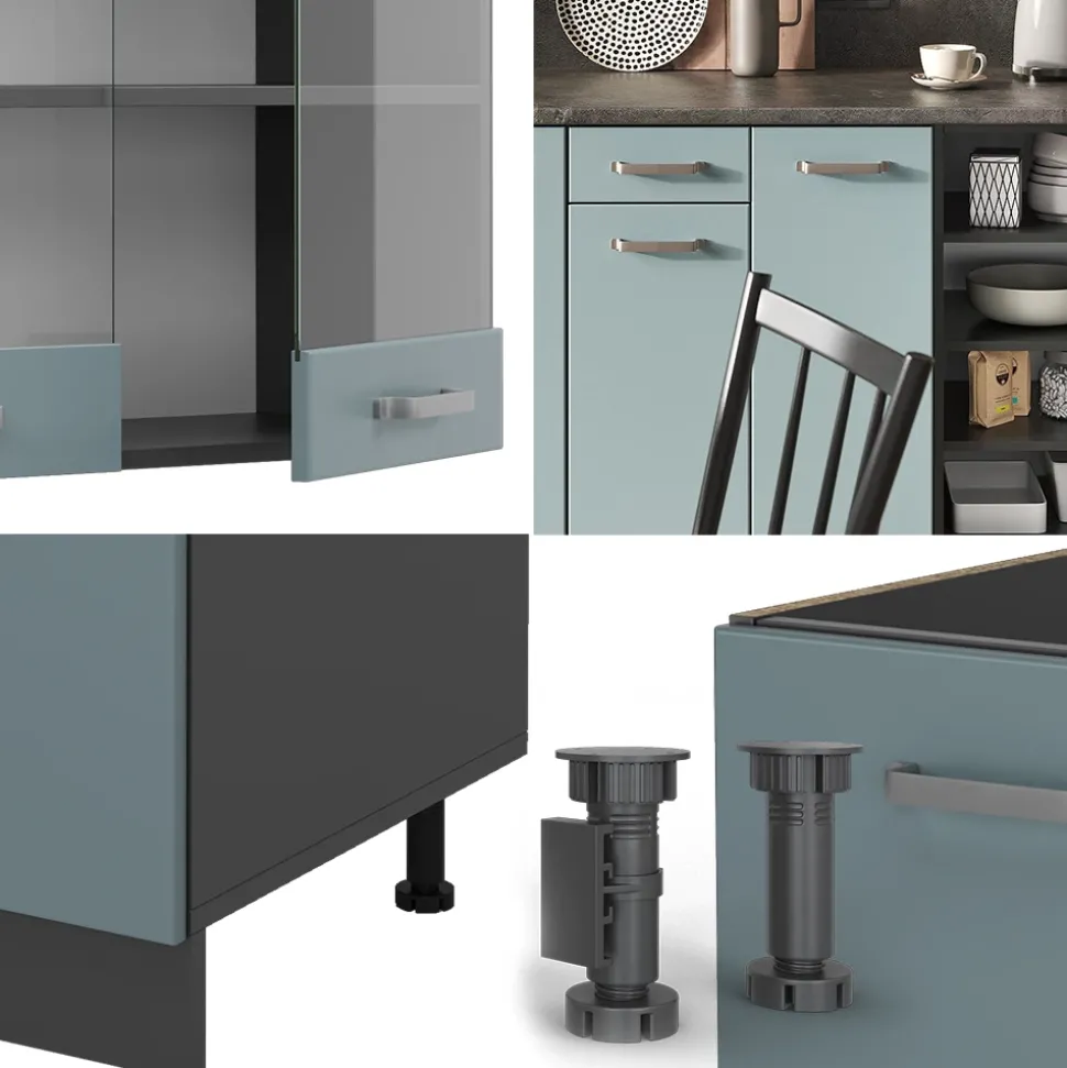 Vicco Küchenzeile "R-Line", Blau-Grau/Anthrazit, 240 cm ohne Arbeitsplatte