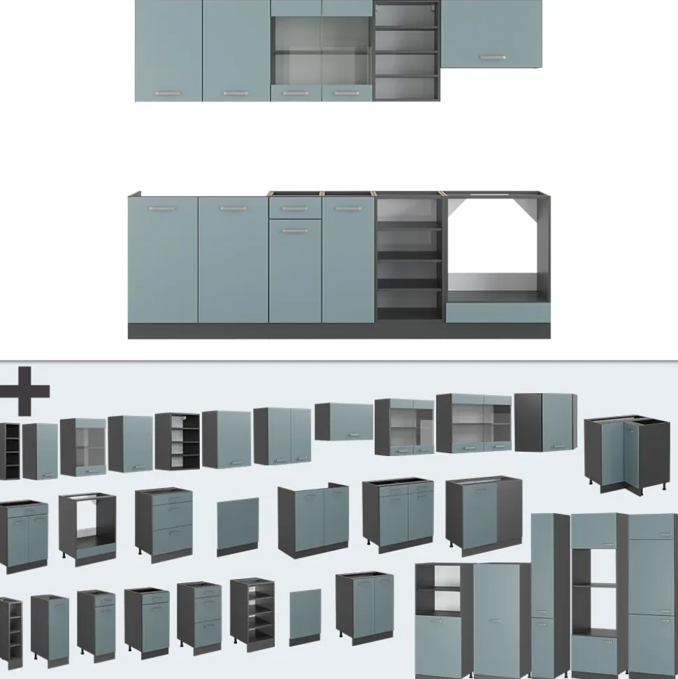Vicco Küchenzeile "R-Line", Blau-Grau/Anthrazit, 240 cm ohne Arbeitsplatte