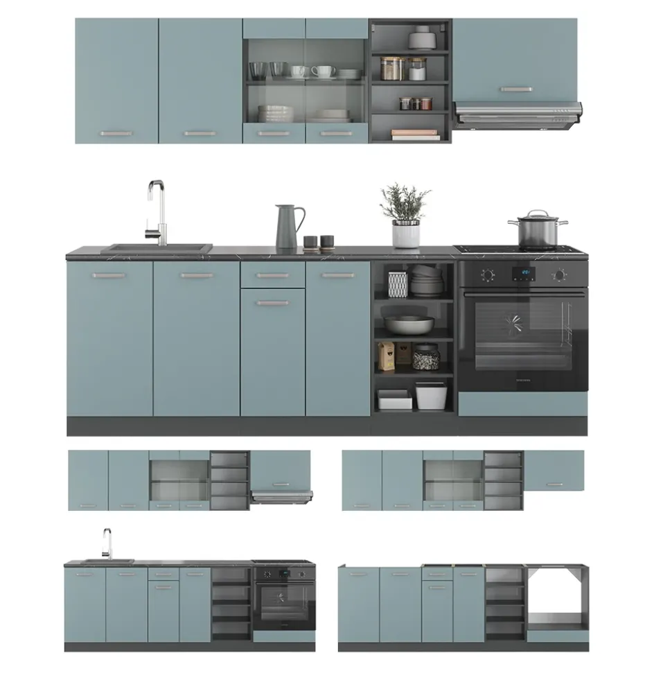 Vicco Küchenzeile "R-Line", Blau-Grau/Anthrazit, 240 cm ohne Arbeitsplatte