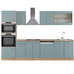 Vicco Küchenzeile "R-Line", Blau-Grau/Goldkraft Eiche, 300 cm mit Hochschrank, ohne Arbeitsplatte