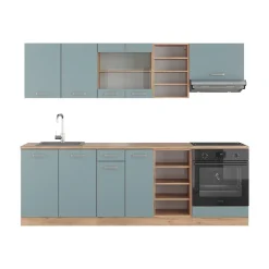 Vicco Küchenzeile "R-Line", Blau-Grau/Goldkraft Eiche, 240 cm ohne Arbeitsplatte