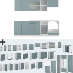 Vicco Küchenzeile R-Line, Küchenblock, Blau-Grau/Weiß, 240 cm ohne Arbeitsplatte