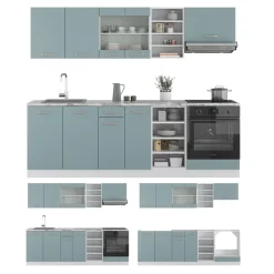 Vicco Küchenzeile R-Line, Küchenblock, Blau-Grau/Weiß, 240 cm ohne Arbeitsplatte