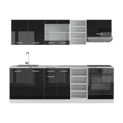 Vicco Küchenzeile R-Line, Küchenblock, Schwarz Hochglanz/Weiß, 240 cm, AP Marmor