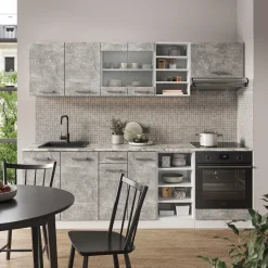 Vicco Küchenzeile R-Line, Küchenblock, Beton/Weiß, 240 cm ohne Arbeitsplatte