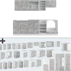 Vicco Küchenzeile R-Line, Küchenblock, Beton/Weiß, 240 cm ohne Arbeitsplatte